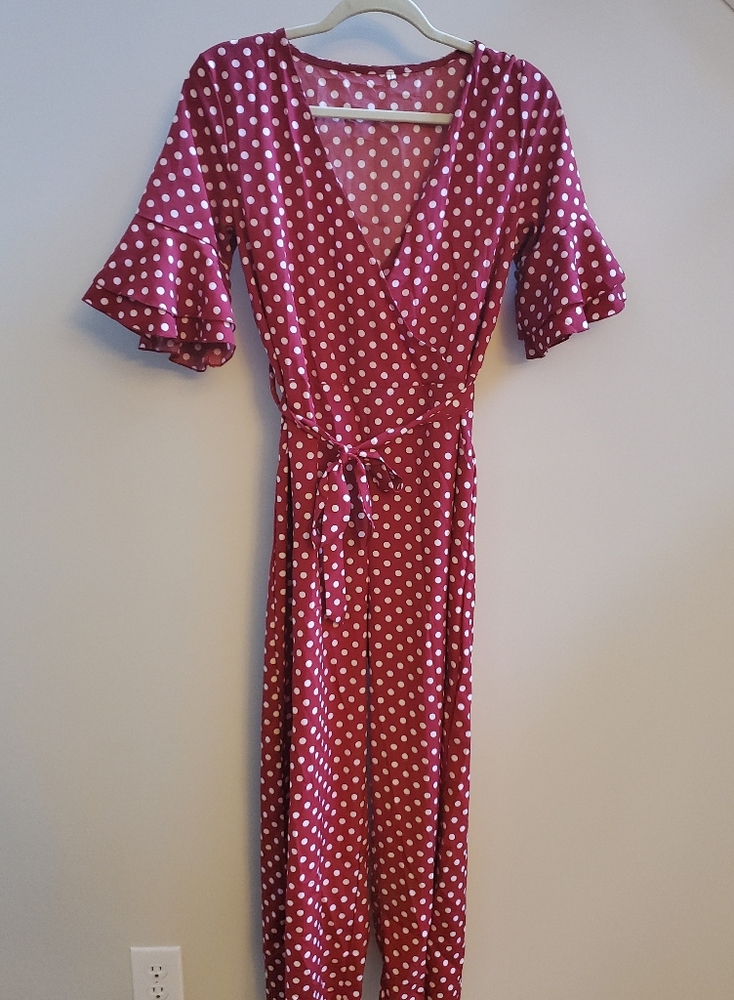 Wine Polka Dot Jumpsuit - Picture 2 of 10